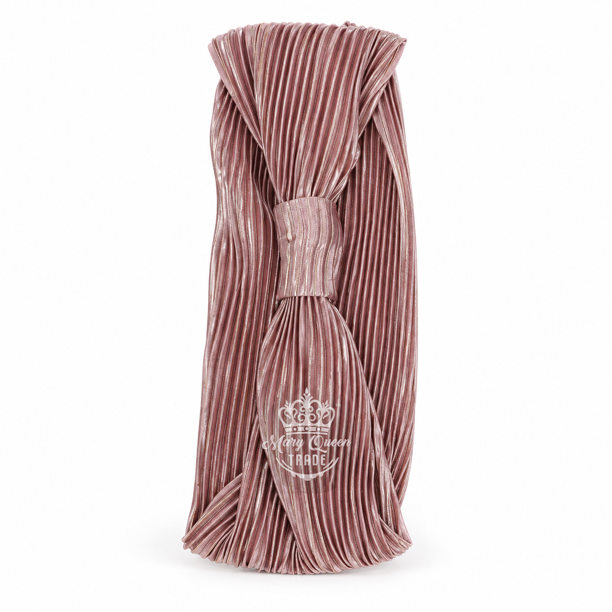 Pink pleated headband with fine shimmering lines and a gathered front, with Mary Queen Trade watermark.