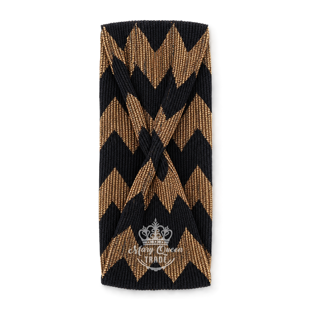 Black and gold zigzag headband with a gathered front, shown individually with Mary Queen Trade watermark.