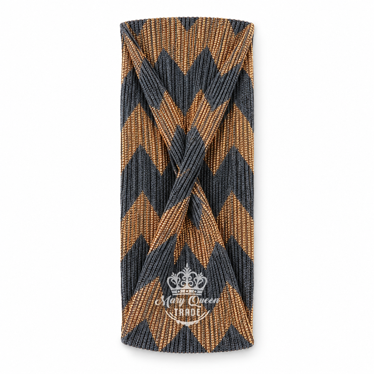 Gray and gold zigzag headband with a gathered front, shown individually with Mary Queen Trade watermark.