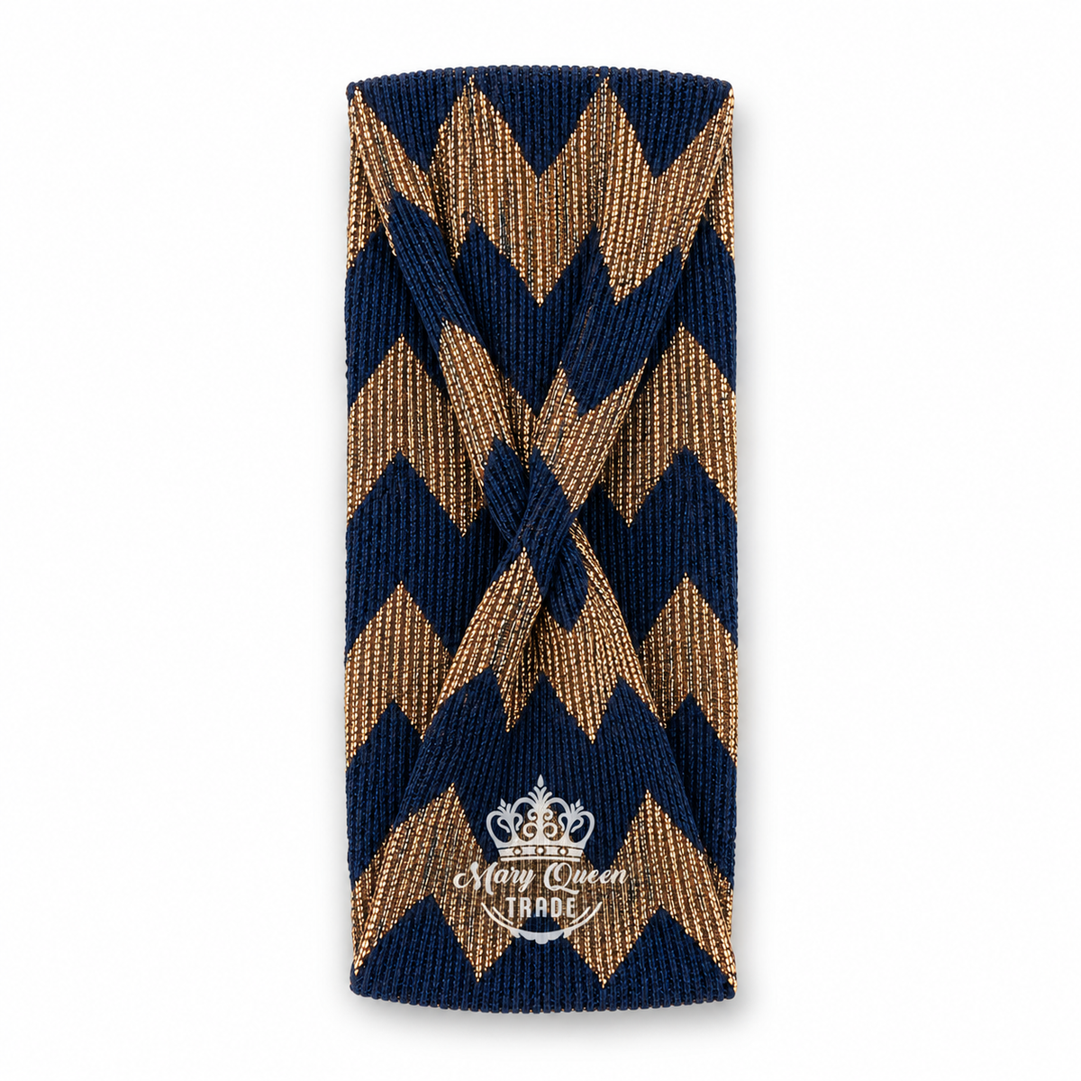 Navy and gold zigzag headband with a gathered front, shown individually with Mary Queen Trade watermark.