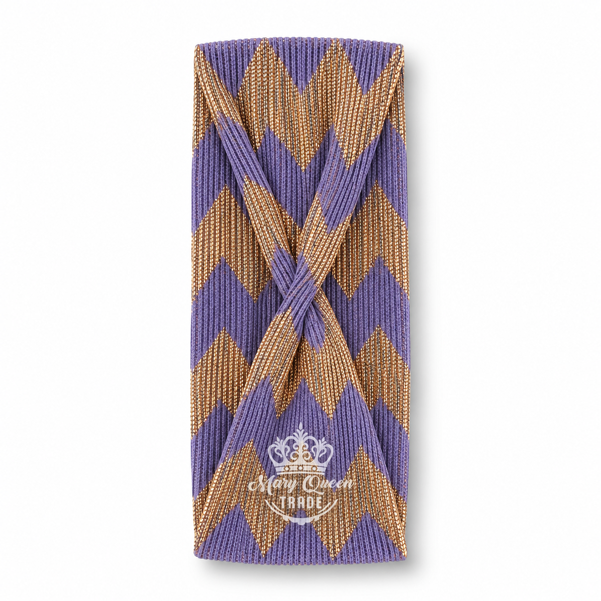 Purple and gold zigzag headband with a gathered front, shown individually with Mary Queen Trade watermark.