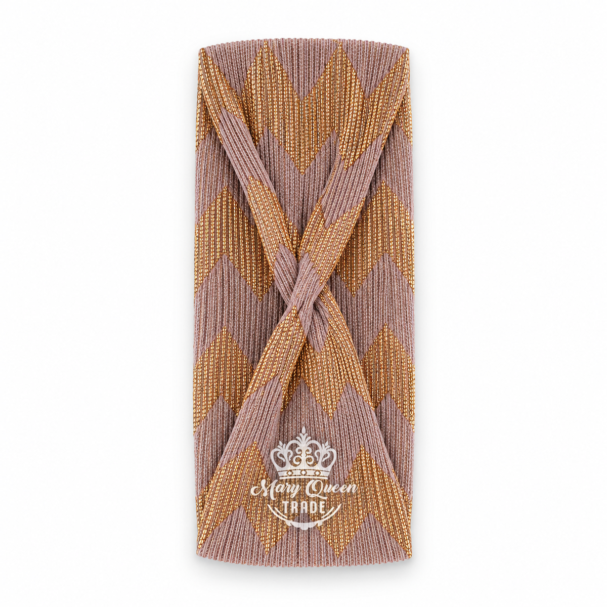 Taupe and gold zigzag headband with a gathered front, shown individually with Mary Queen Trade watermark.