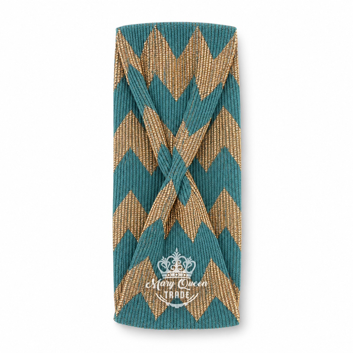 Teal and gold zigzag headband with a gathered front, shown individually with Mary Queen Trade watermark.