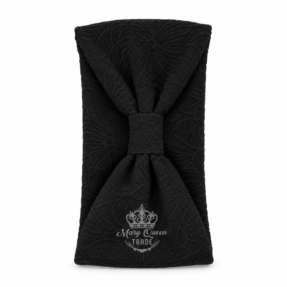 Black floral-textured headband with a gathered front, shown individually with Mary Queen Trade watermark.