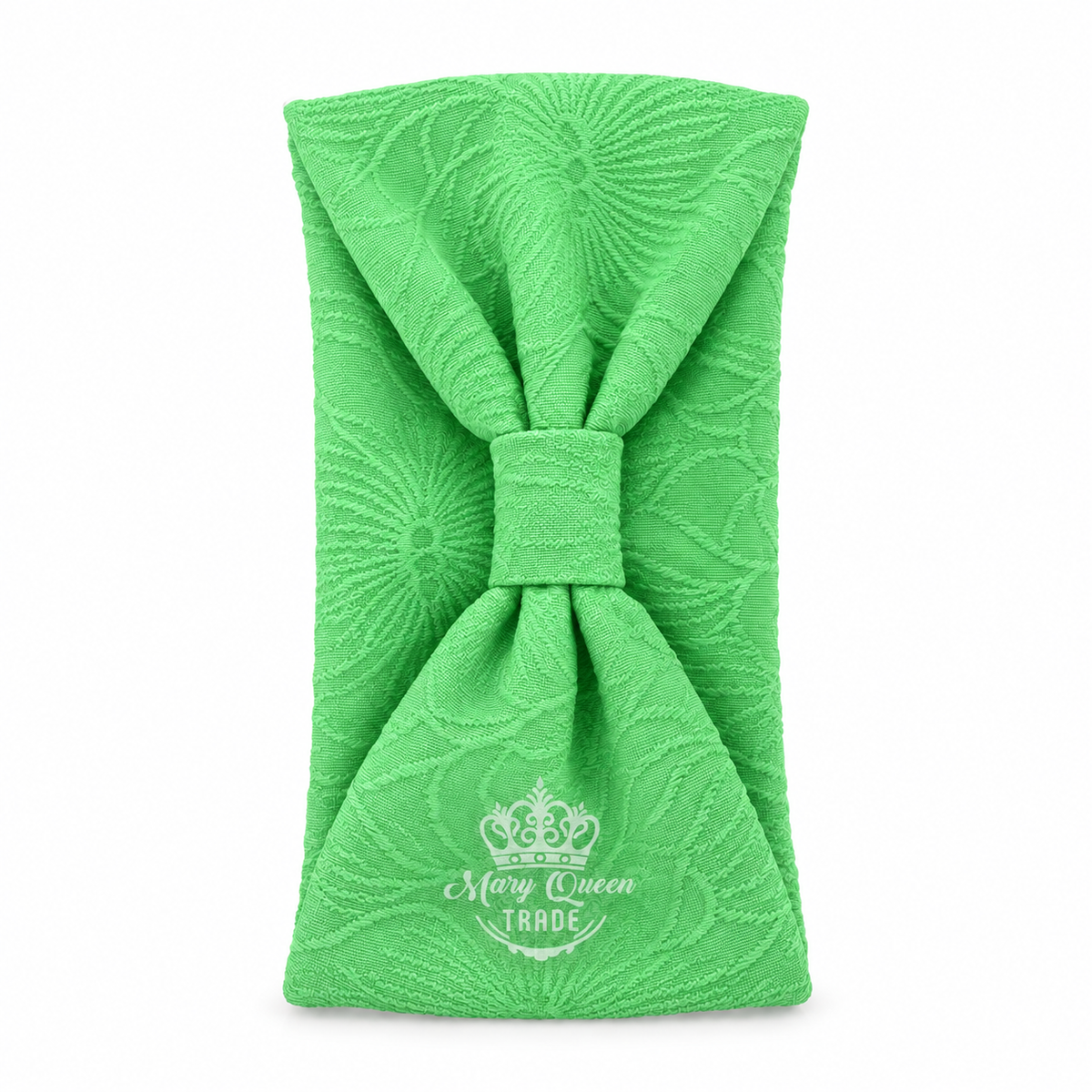 Green floral-textured headband with a gathered front, shown individually with Mary Queen Trade watermark.