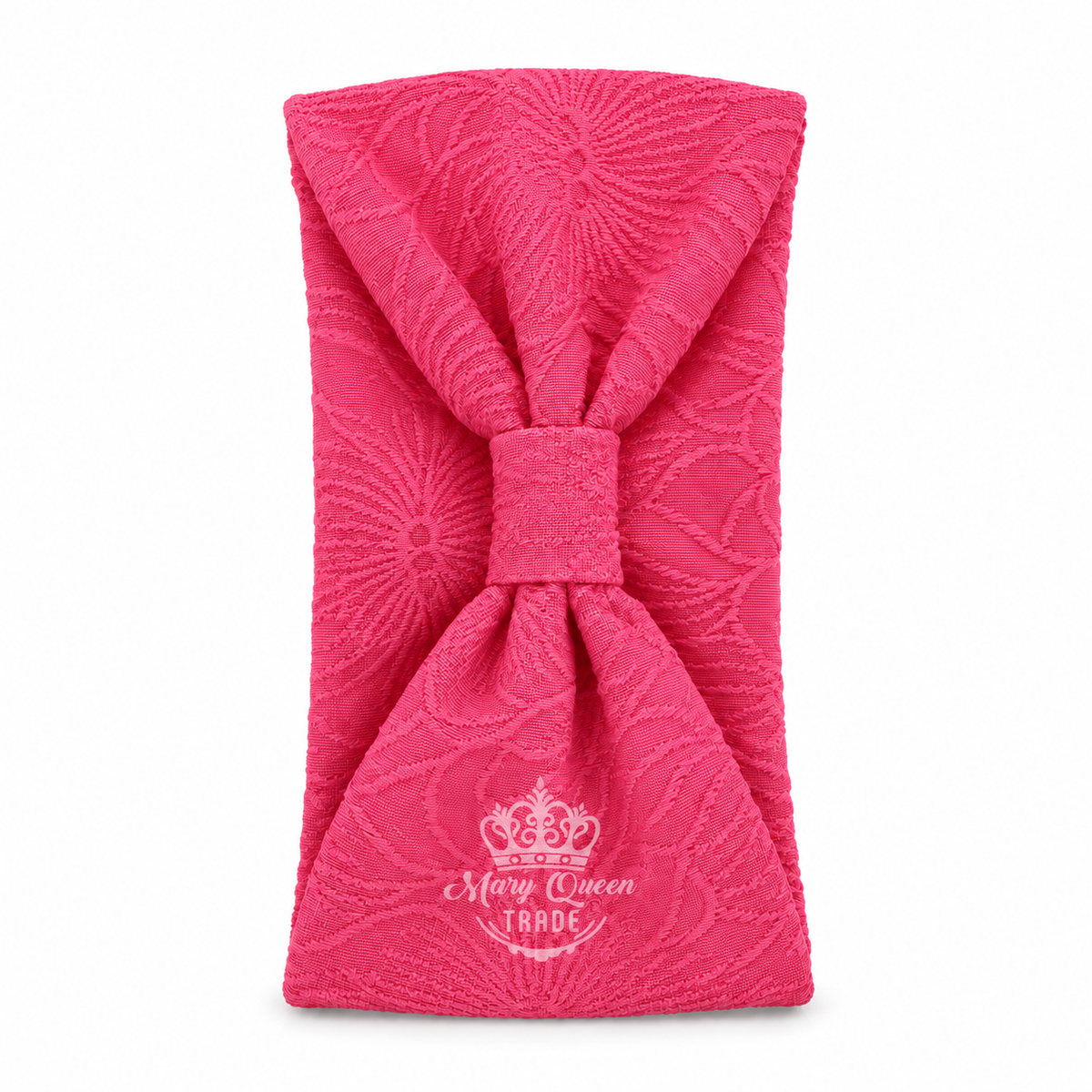 Pink floral-textured headband with a gathered front, shown individually with Mary Queen Trade watermark.