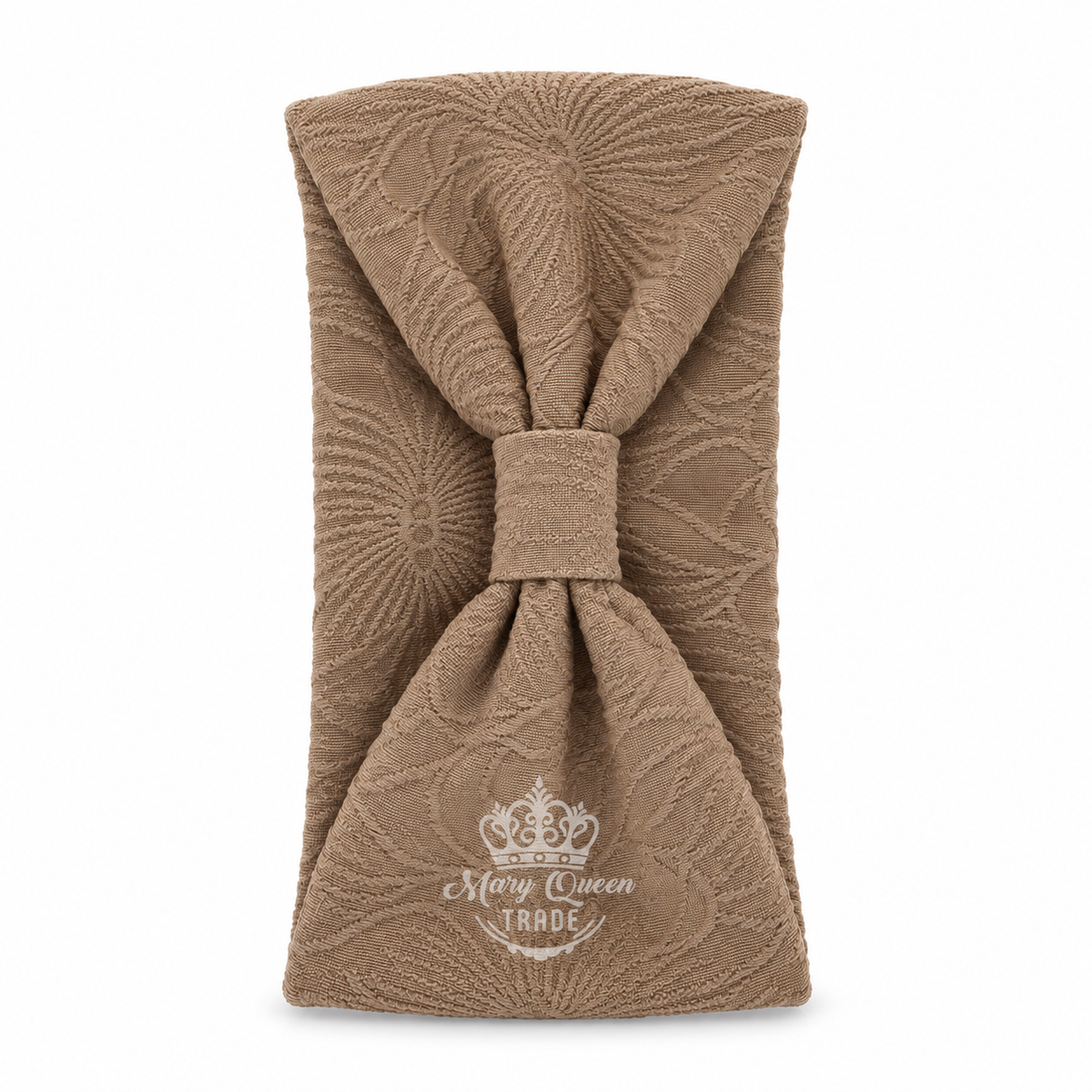 Taupe floral-textured headband with a gathered front, shown individually with Mary Queen Trade watermark.