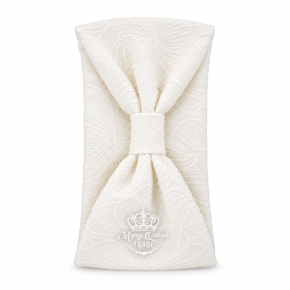 White floral-textured headband with a gathered front, shown individually with Mary Queen Trade watermark.