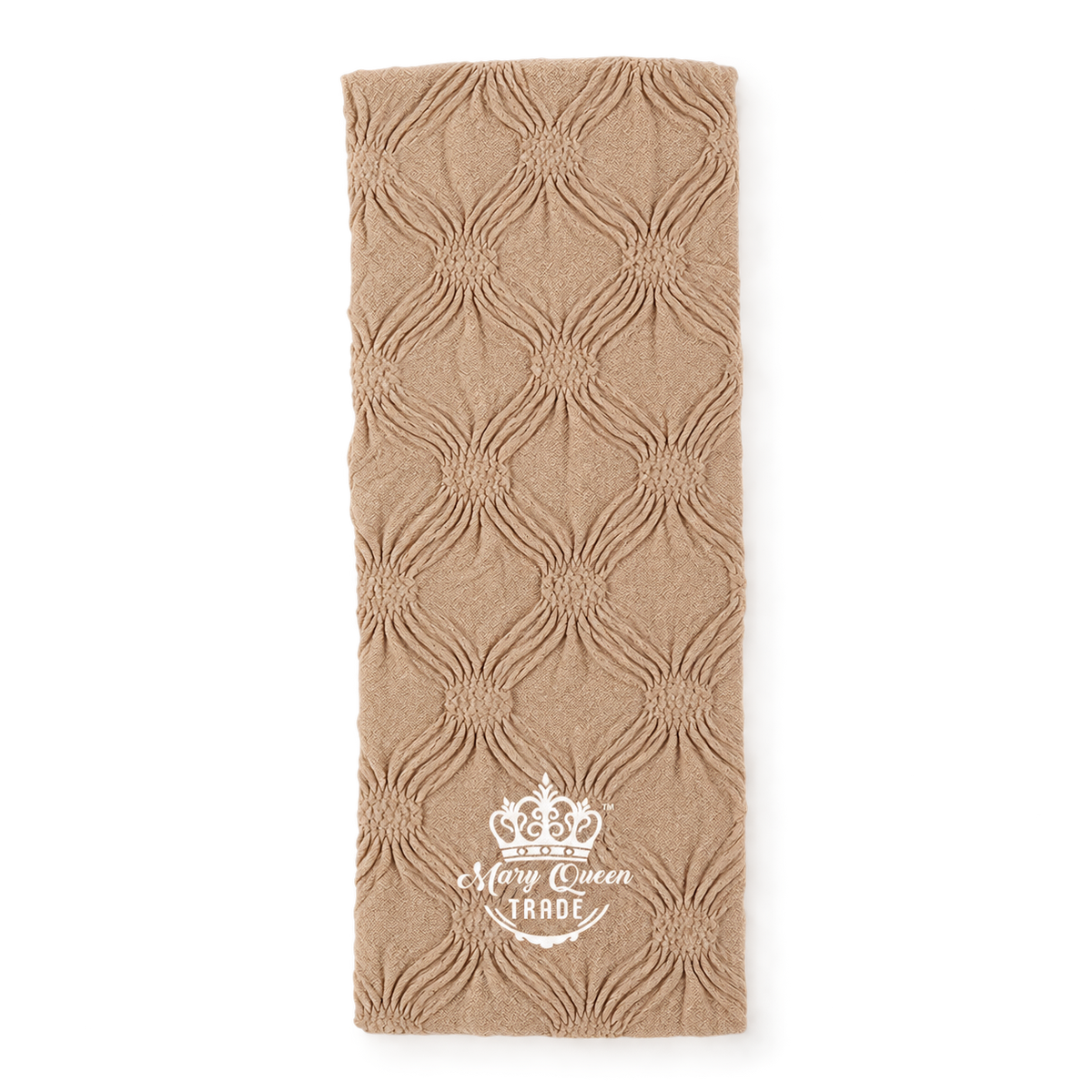Beige wide headband with a crinkled diamond-like pattern and Mary Queen Trade watermark.
