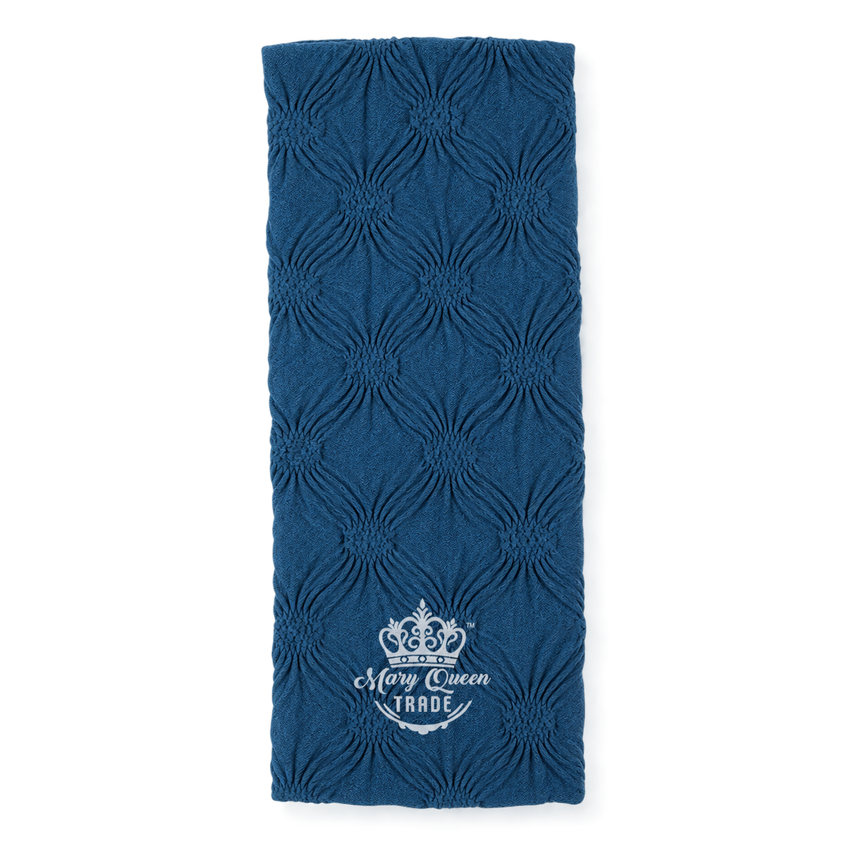 Blue wide headband with a crinkled diamond-like pattern and Mary Queen Trade watermark.