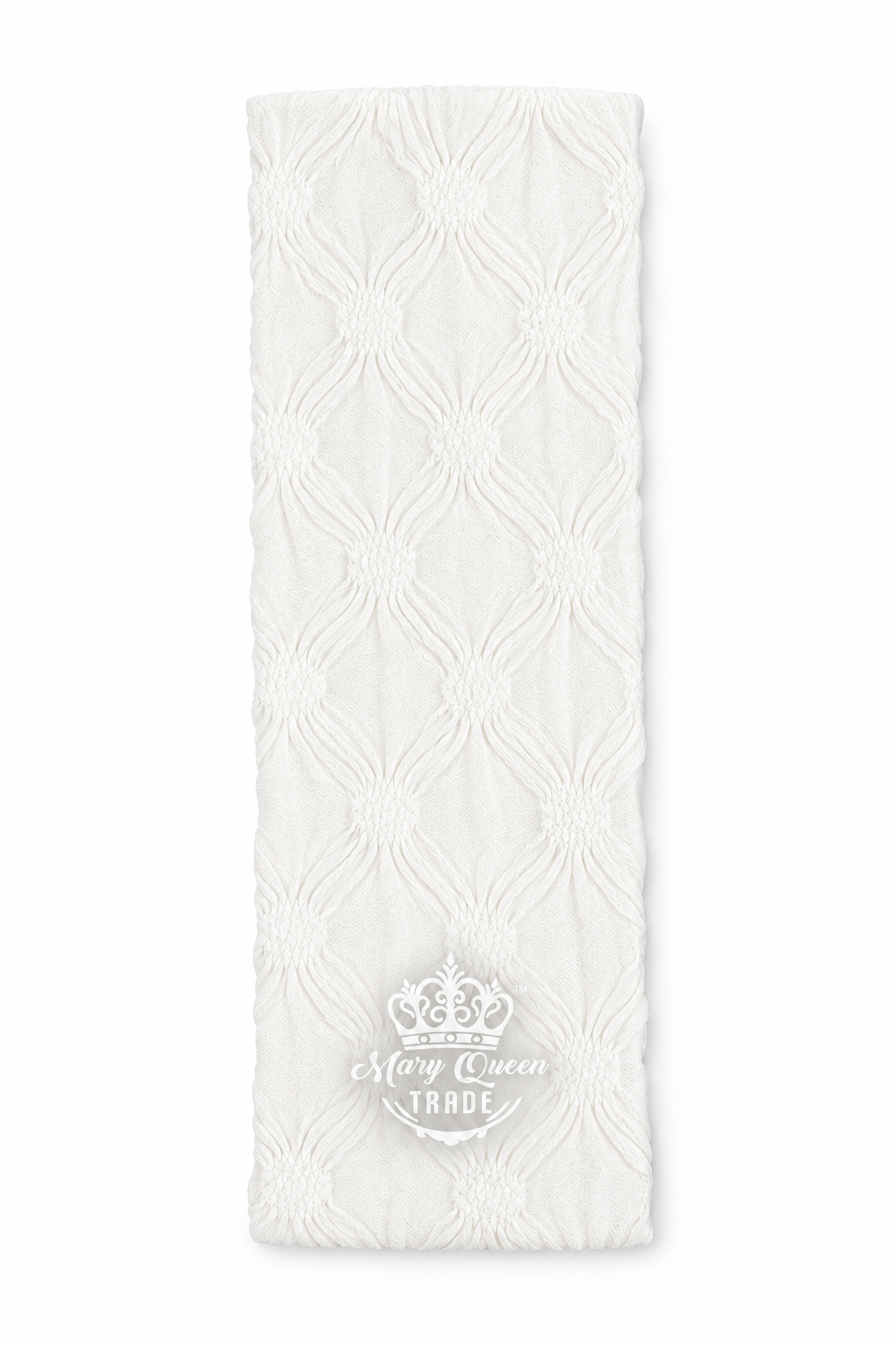 White wide headband with a crinkled diamond-like pattern and Mary Queen Trade watermark.