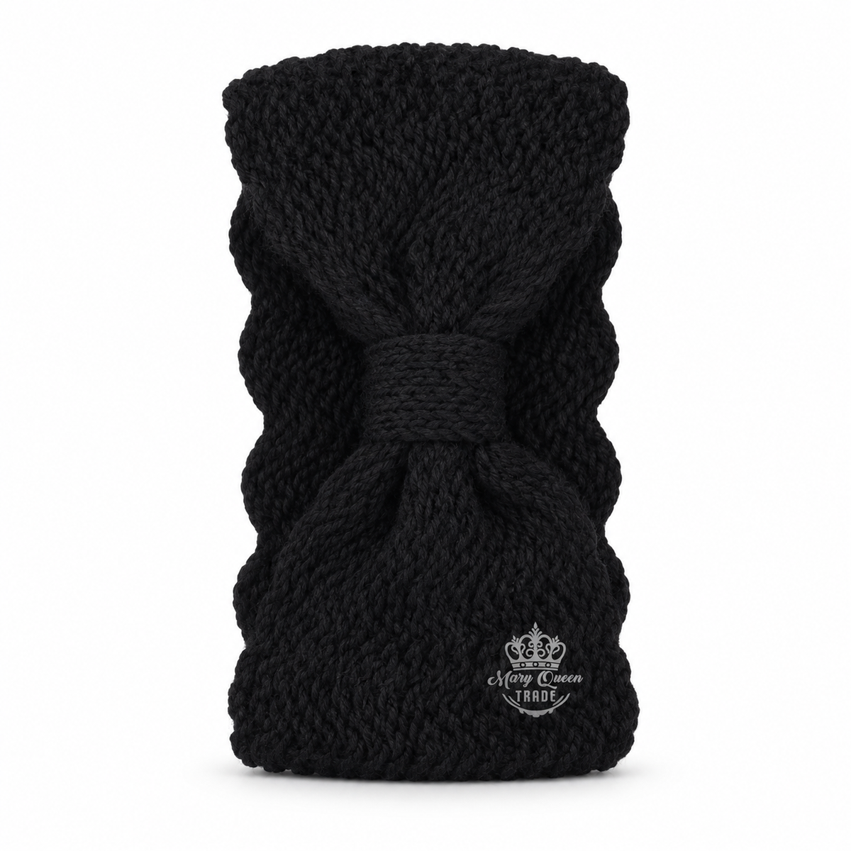 Black knitted headband with a gathered front and narrow centre wrap, shown individually with Mary Queen Trade watermark.