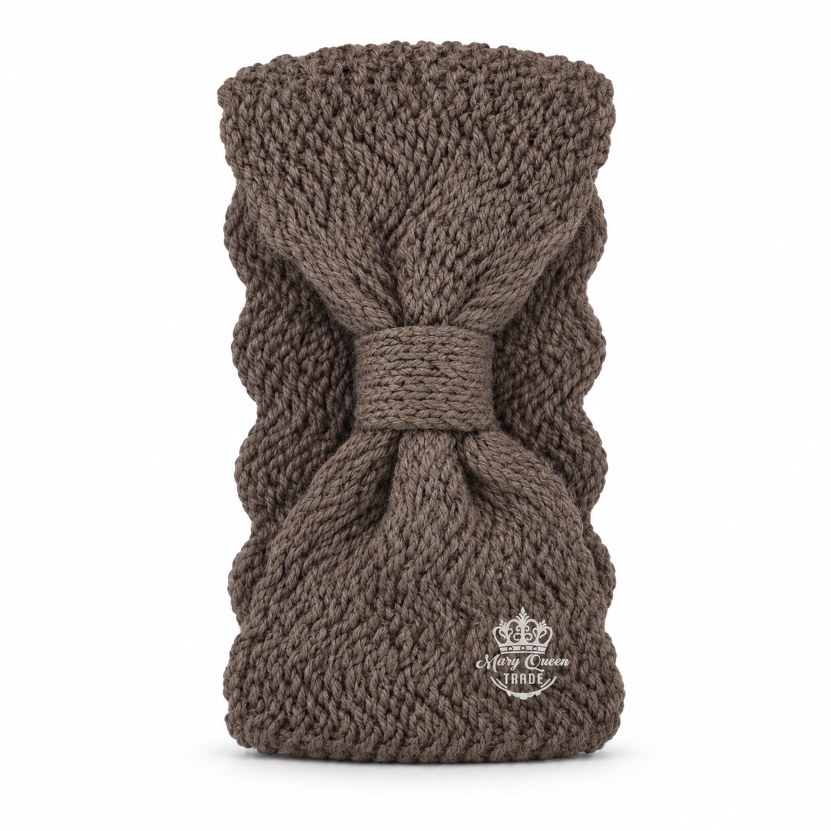 Brown knitted headband with a gathered front and narrow centre wrap, shown individually with Mary Queen Trade watermark.
