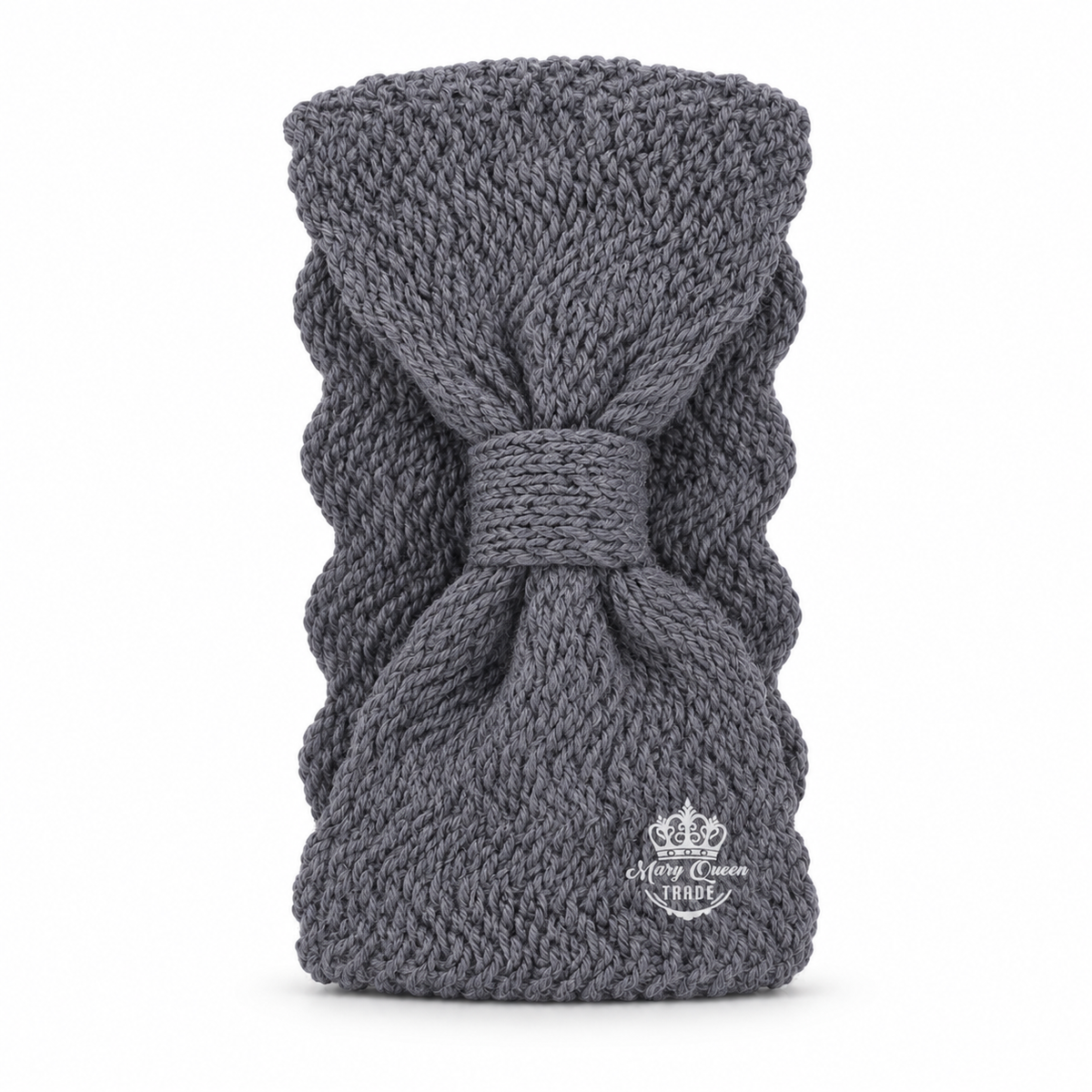 Gray knitted headband with a gathered front and narrow centre wrap, shown individually with Mary Queen Trade watermark.