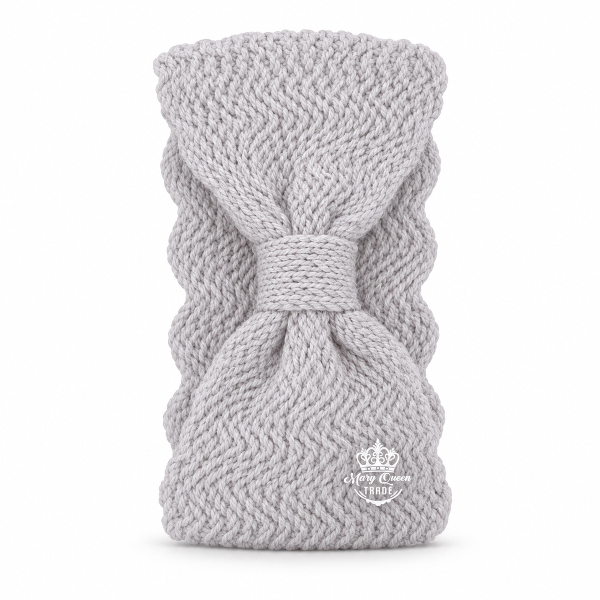 Light Gray knitted headband with a gathered front and narrow centre wrap, shown individually with Mary Queen Trade watermark.