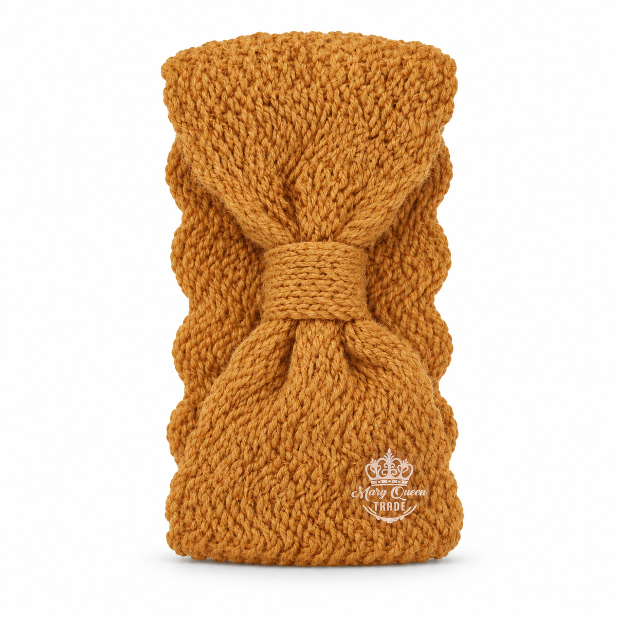 Mustard knitted headband with a gathered front and narrow centre wrap, shown individually with Mary Queen Trade watermark.