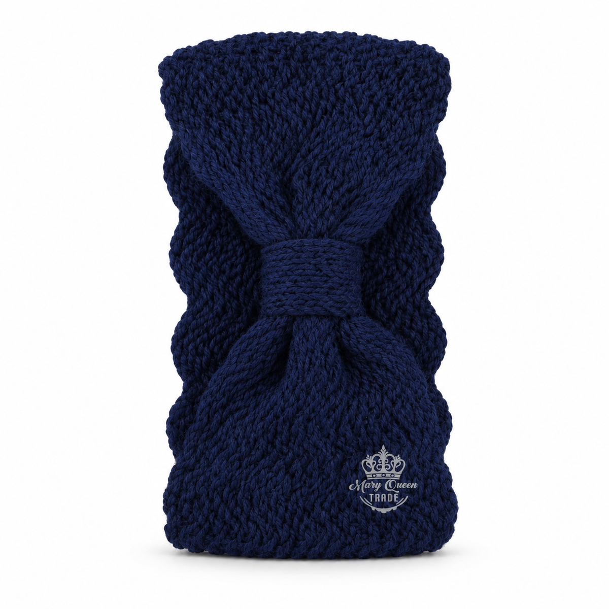 Navy knitted headband with a gathered front and narrow centre wrap, shown individually with Mary Queen Trade watermark.