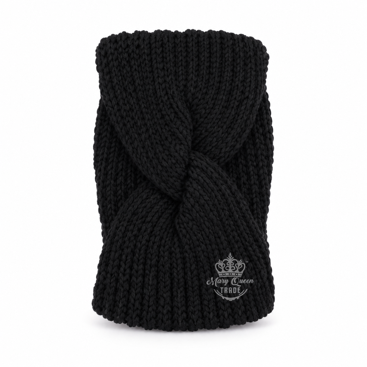 Black ribbed knit headband with a twisted front, shown individually with Mary Queen Trade watermark.
