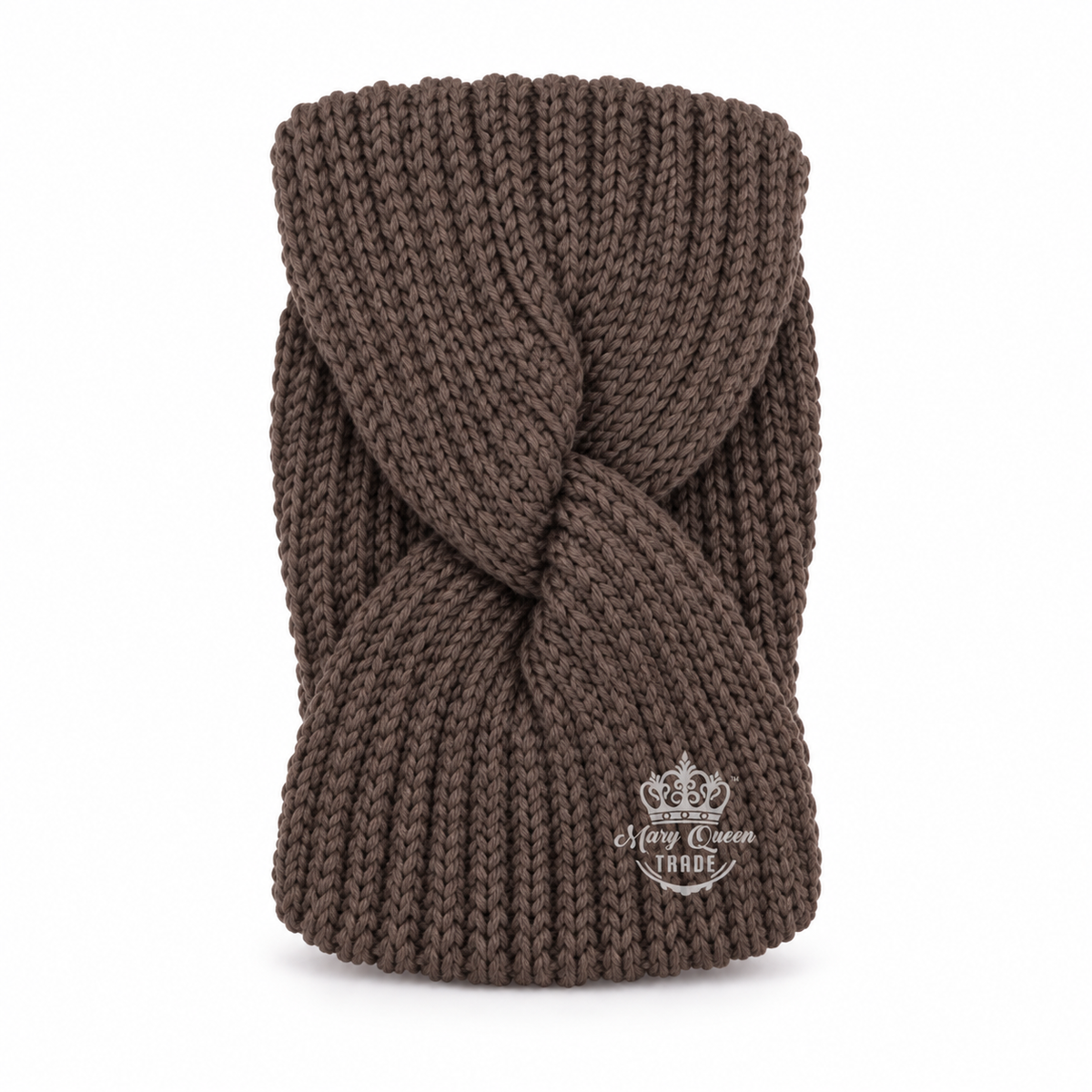 Brown ribbed knit headband with a twisted front, shown individually with Mary Queen Trade watermark.