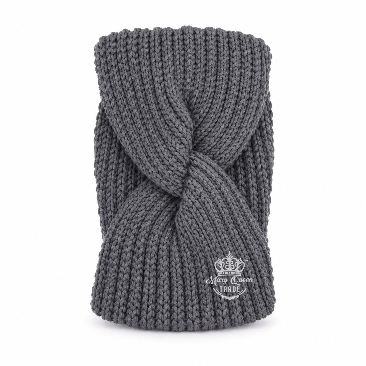 Gray ribbed knit headband with a twisted front, shown individually with Mary Queen Trade watermark.