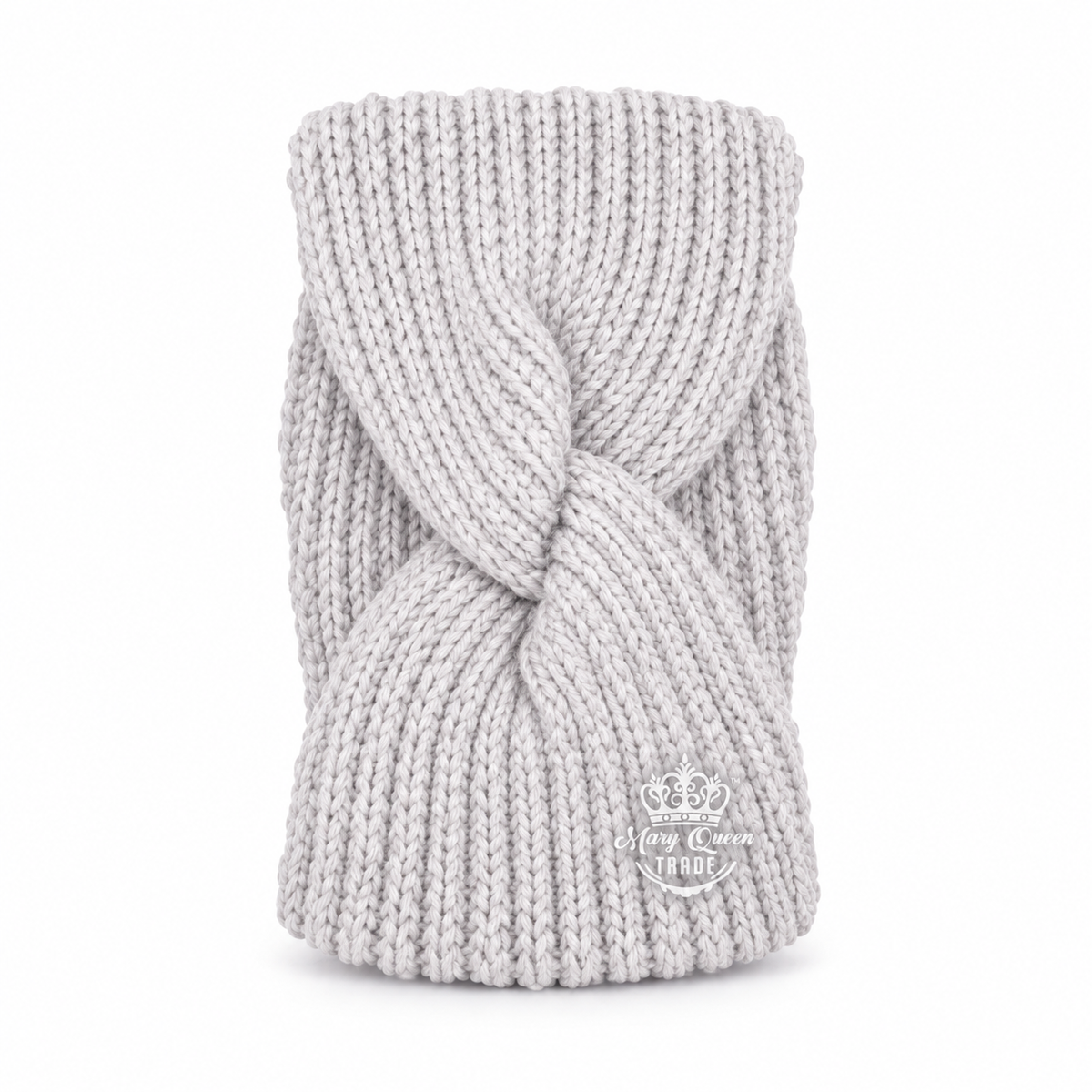 Light gray ribbed knit headband with a twisted front, shown individually with Mary Queen Trade watermark.