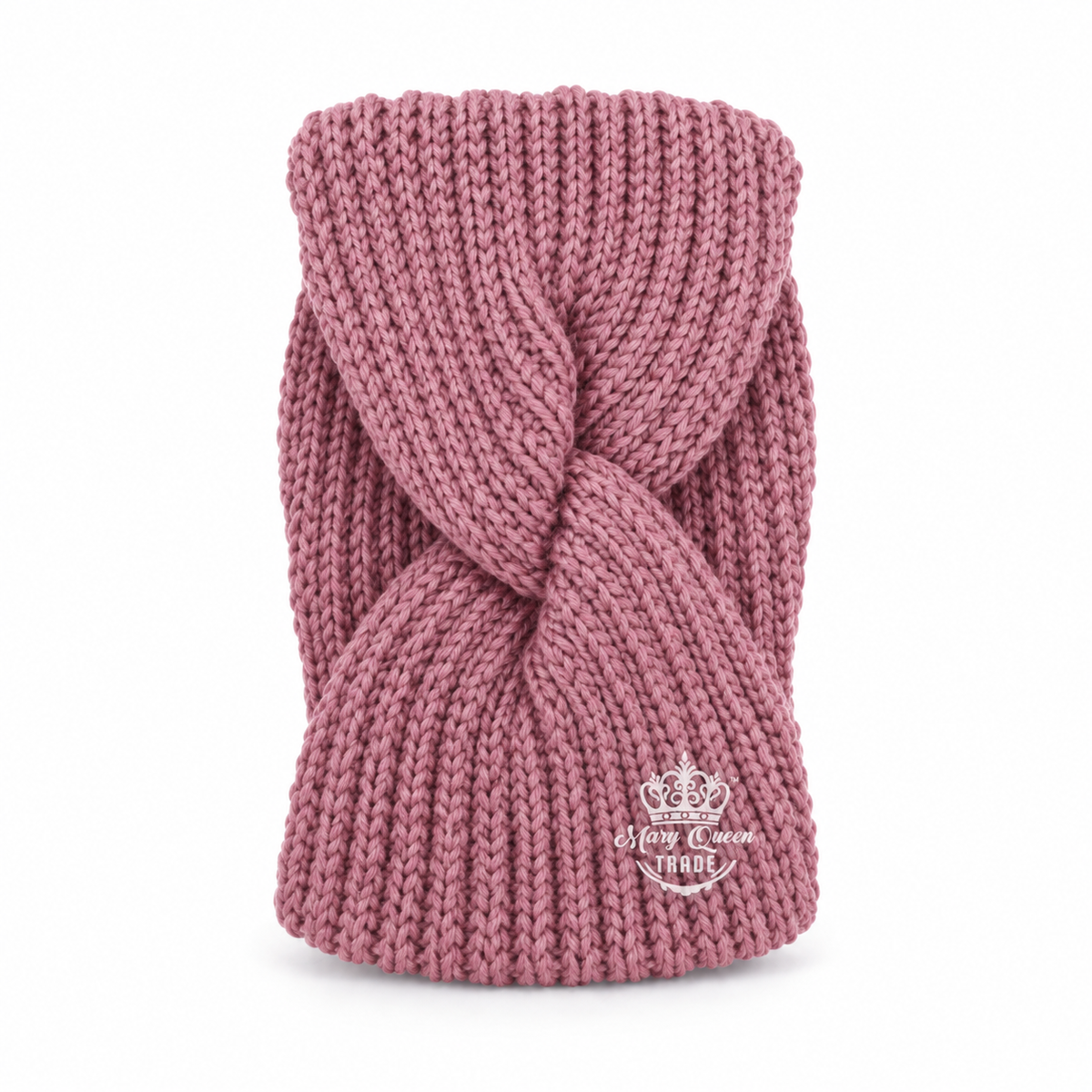 Pink ribbed knit headband with a twisted front, shown individually with Mary Queen Trade watermark.