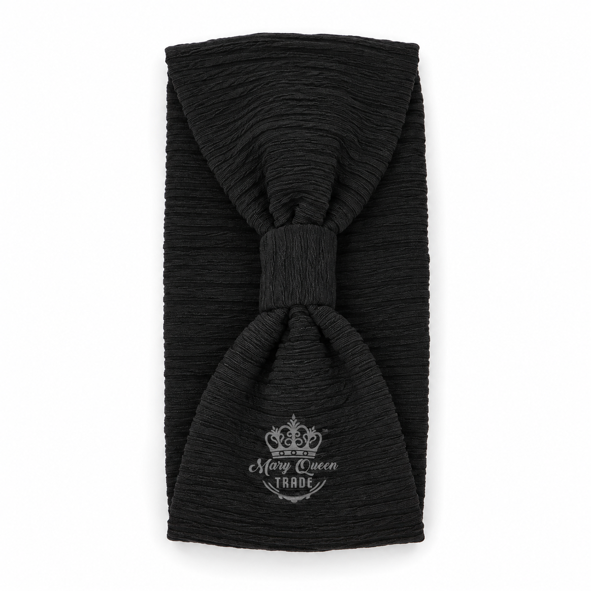 Black ribbed bow headband with a gathered front and matching centre wrap, with Mary Queen Trade watermark.