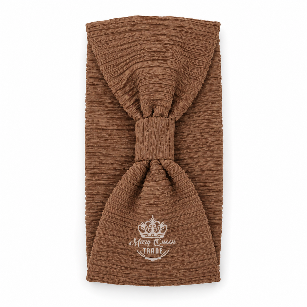 Brown ribbed bow headband with a gathered front and matching centre wrap, with Mary Queen Trade watermark.