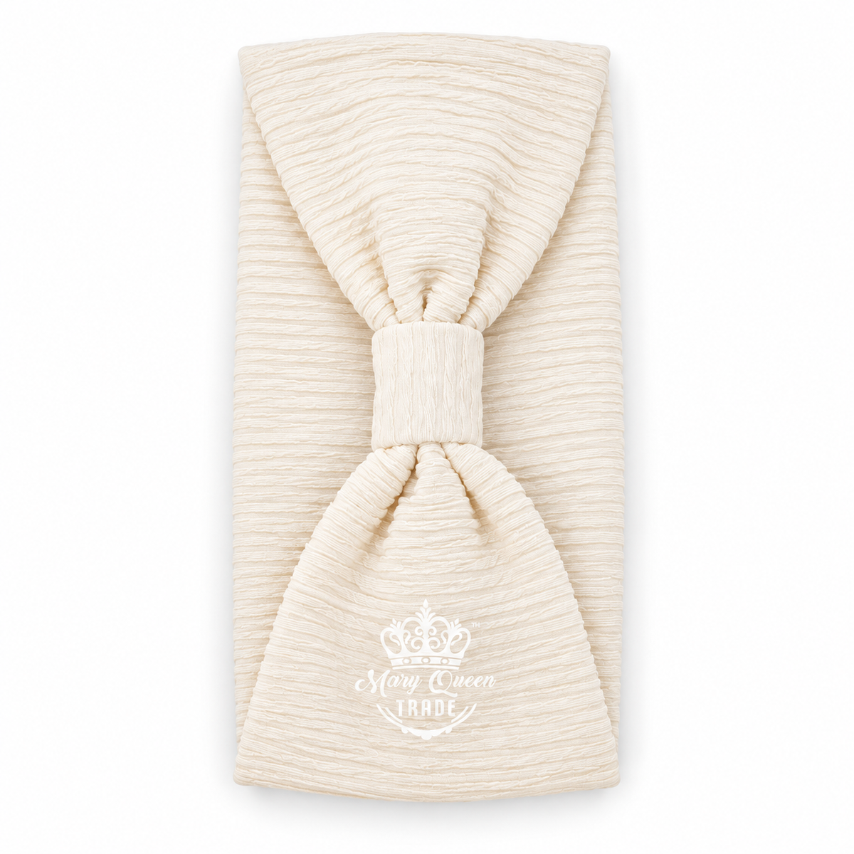 Cream ribbed bow headband with a gathered front and matching centre wrap, with Mary Queen Trade watermark.