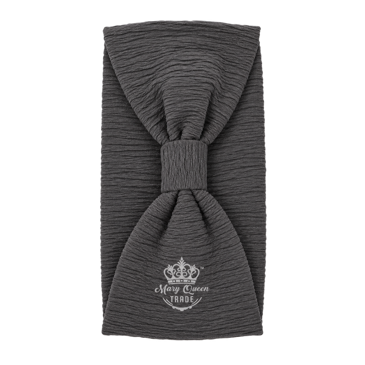 Gray ribbed bow headband with a gathered front and matching centre wrap, with Mary Queen Trade watermark.