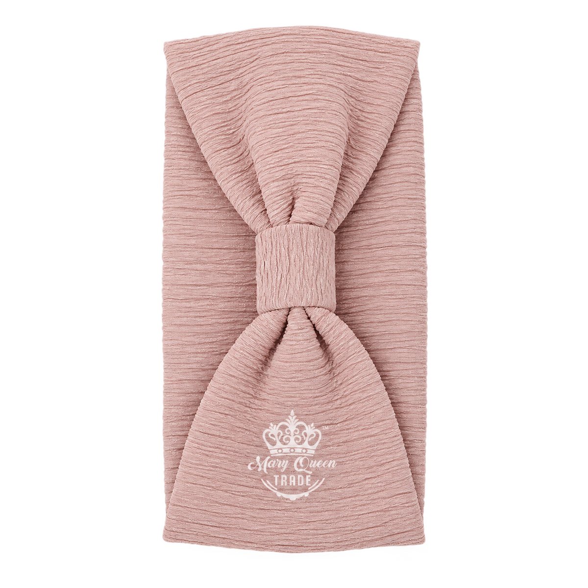 Pink ribbed bow headband with a gathered front and matching centre wrap, with Mary Queen Trade watermark.