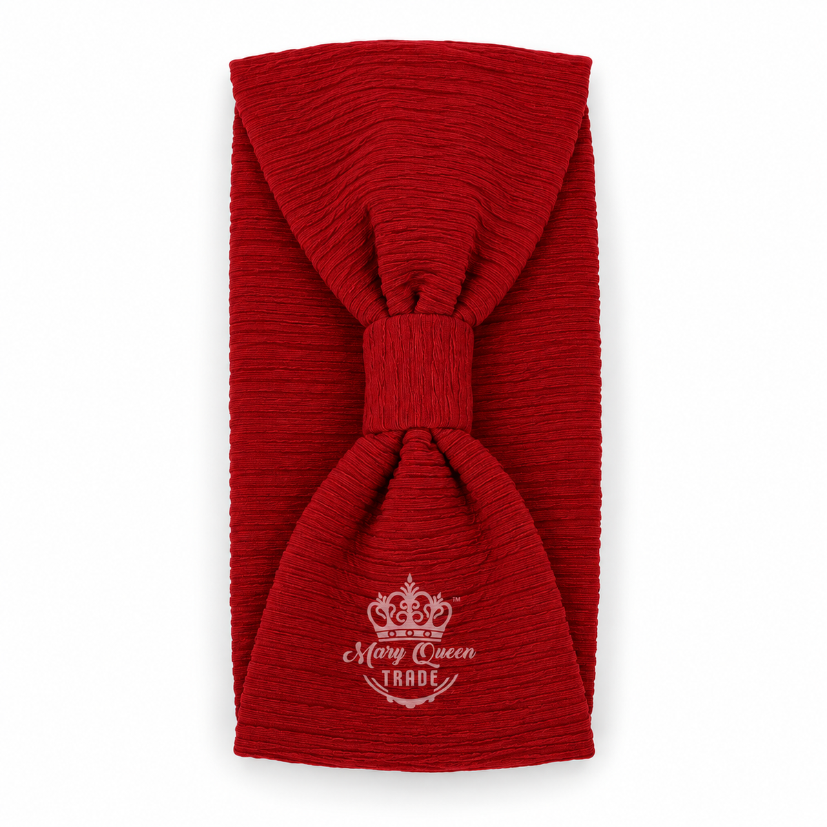 Red ribbed bow headband with a gathered front and matching centre wrap, with Mary Queen Trade watermark.