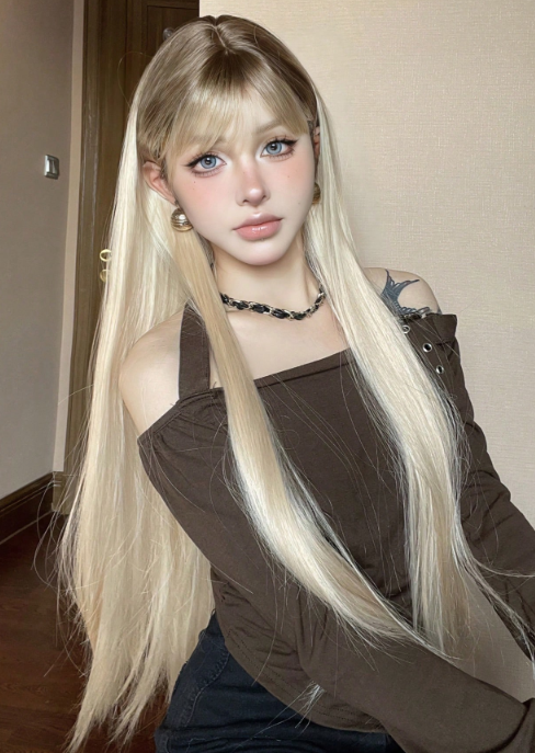 Blonde Straight Dark Roots With Bangs Synthetic Wig