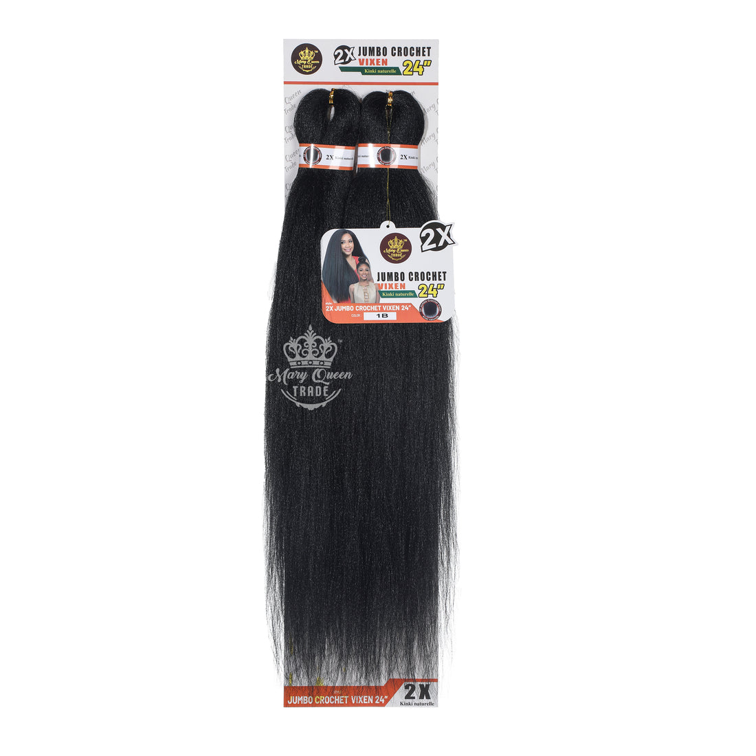 Packaged hair extensions with 'Mary Queen' branding on a white background