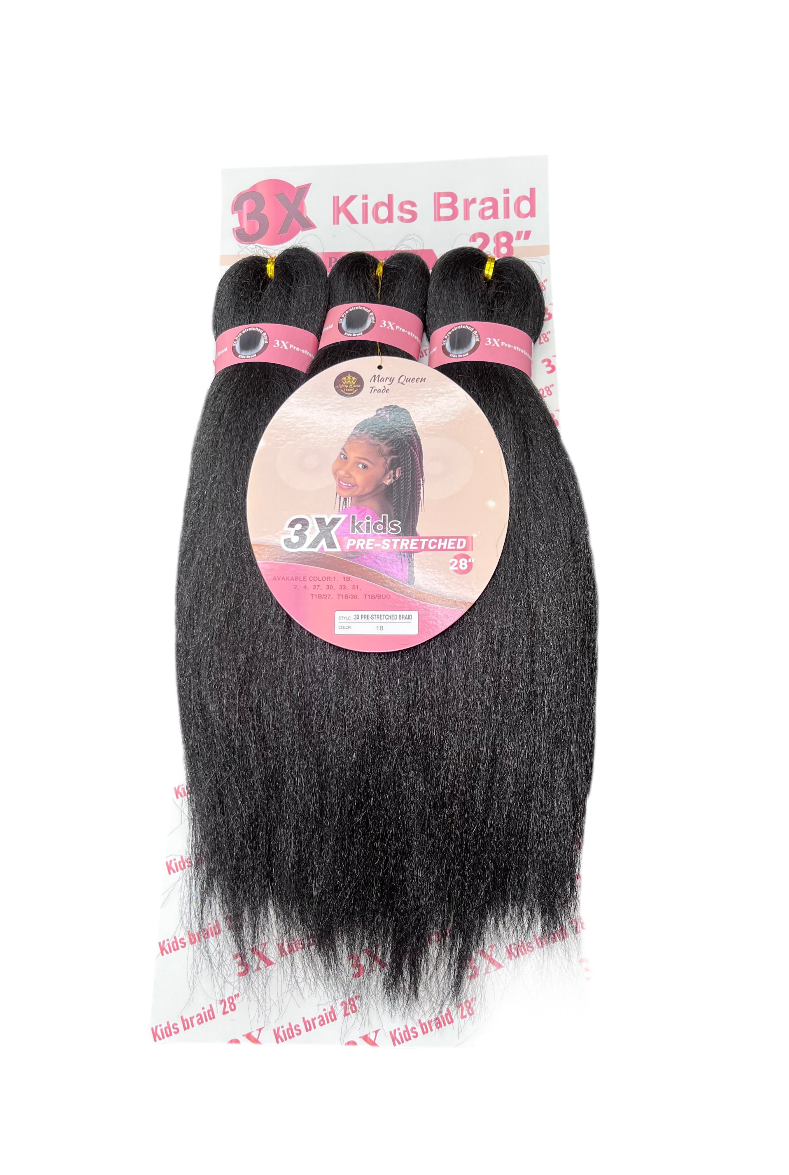 Pack of three pre-stretched braiding hair extensions for kids, labeled as 3X Kids Braid and colored in natural dark black.