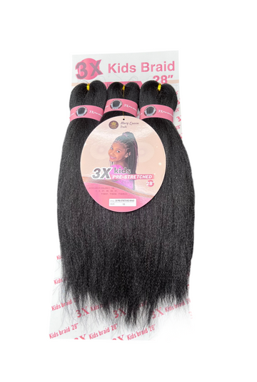 Pack of three pre-stretched braiding hair extensions for kids, labeled as 3X Kids Braid and colored in natural dark black.