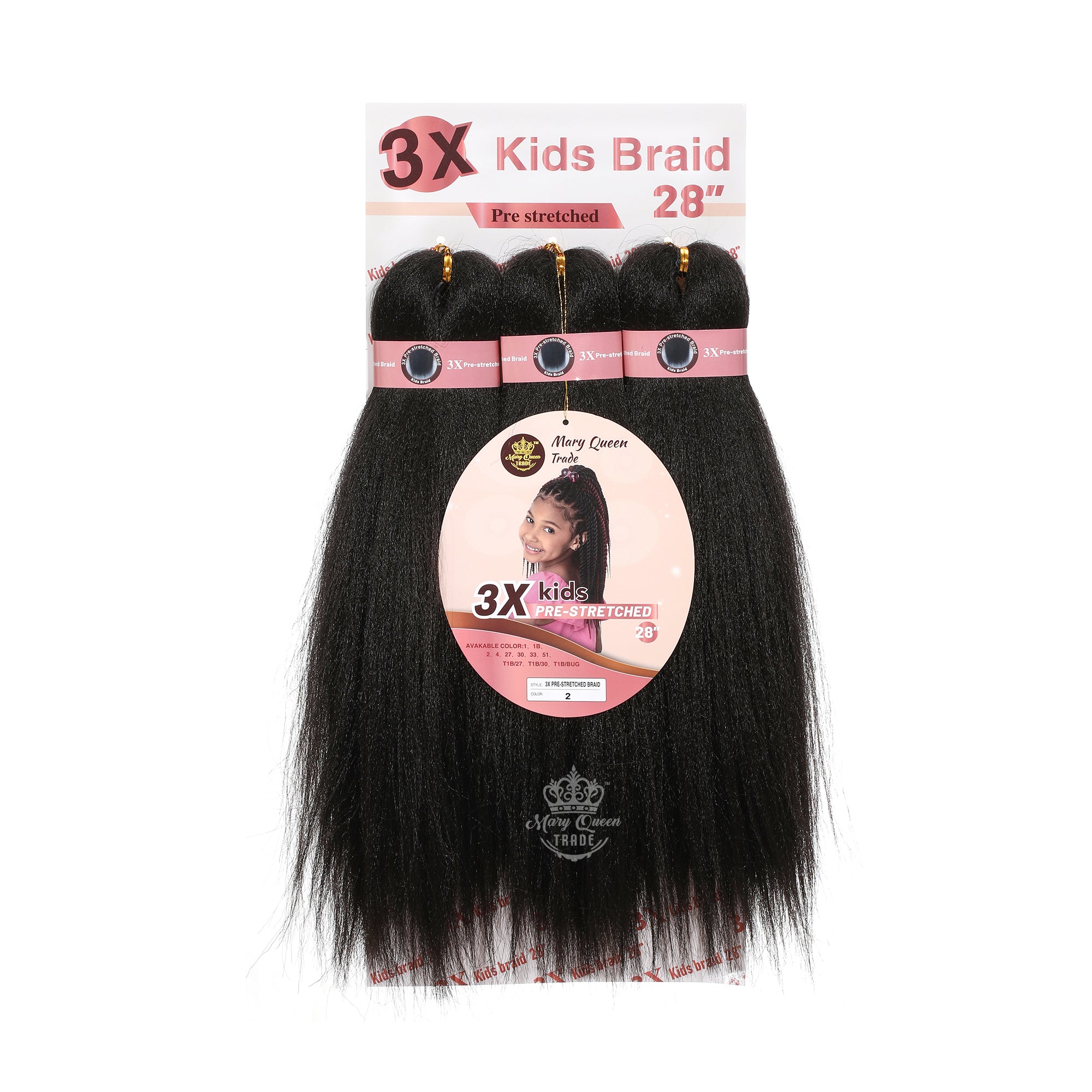 Pack of three pre-stretched braiding hair extensions for kids, labeled as 3X Kids Braid and colored in natural dark black.