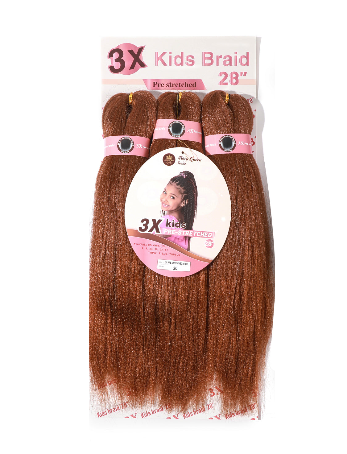 Pack of three pre-stretched braiding hair extensions for kids, labeled as 3X Kids Braid and colored in natural dark brown.