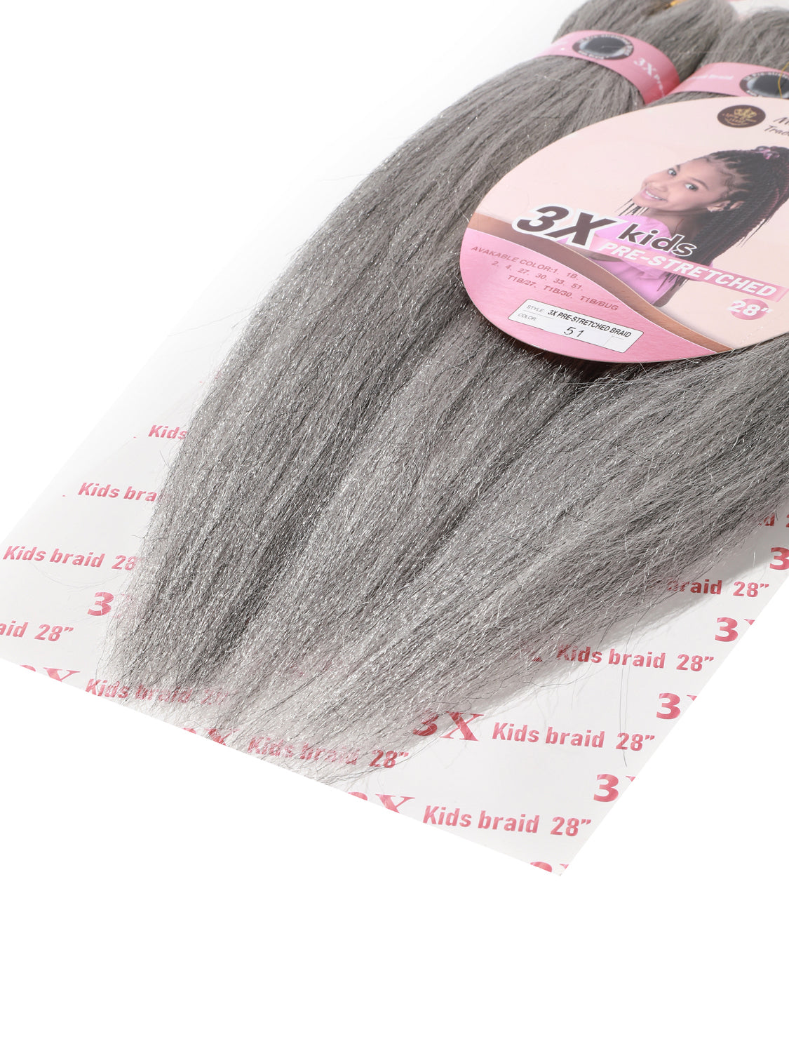 Pack of three pre-stretched braiding hair extensions for kids, labeled as 3X Kids Braid and colored in natural gery-ish.