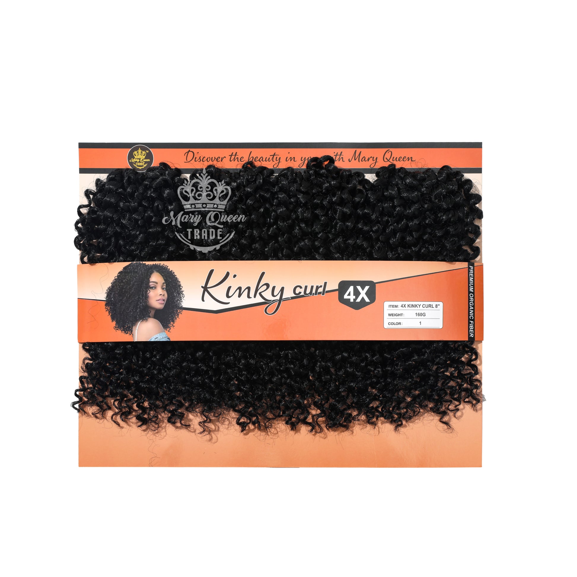 Packaged hair extensions with 'Mary Queen' branding on an orange background