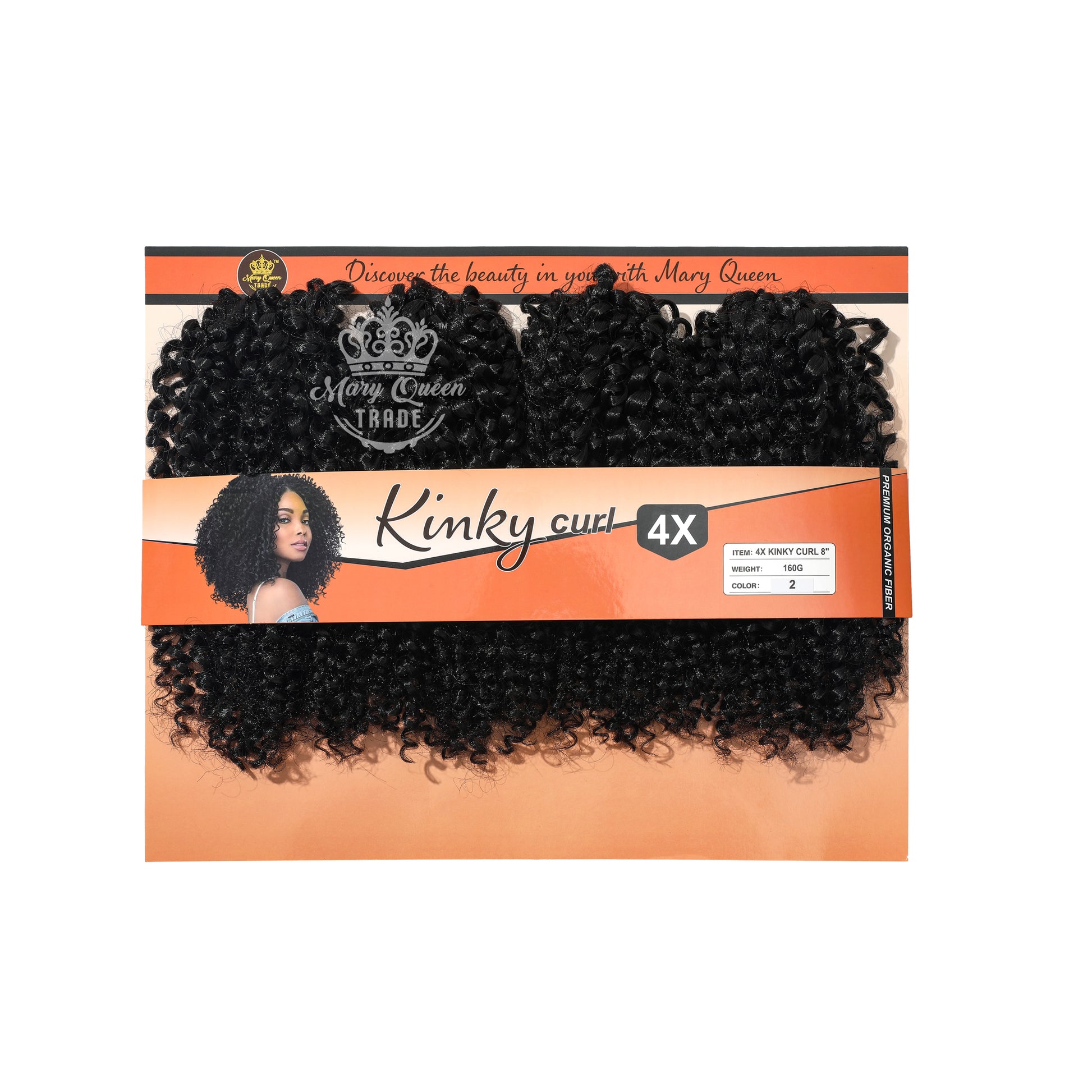 Packaged hair extensions with 'Mary Queen' branding on an orange background