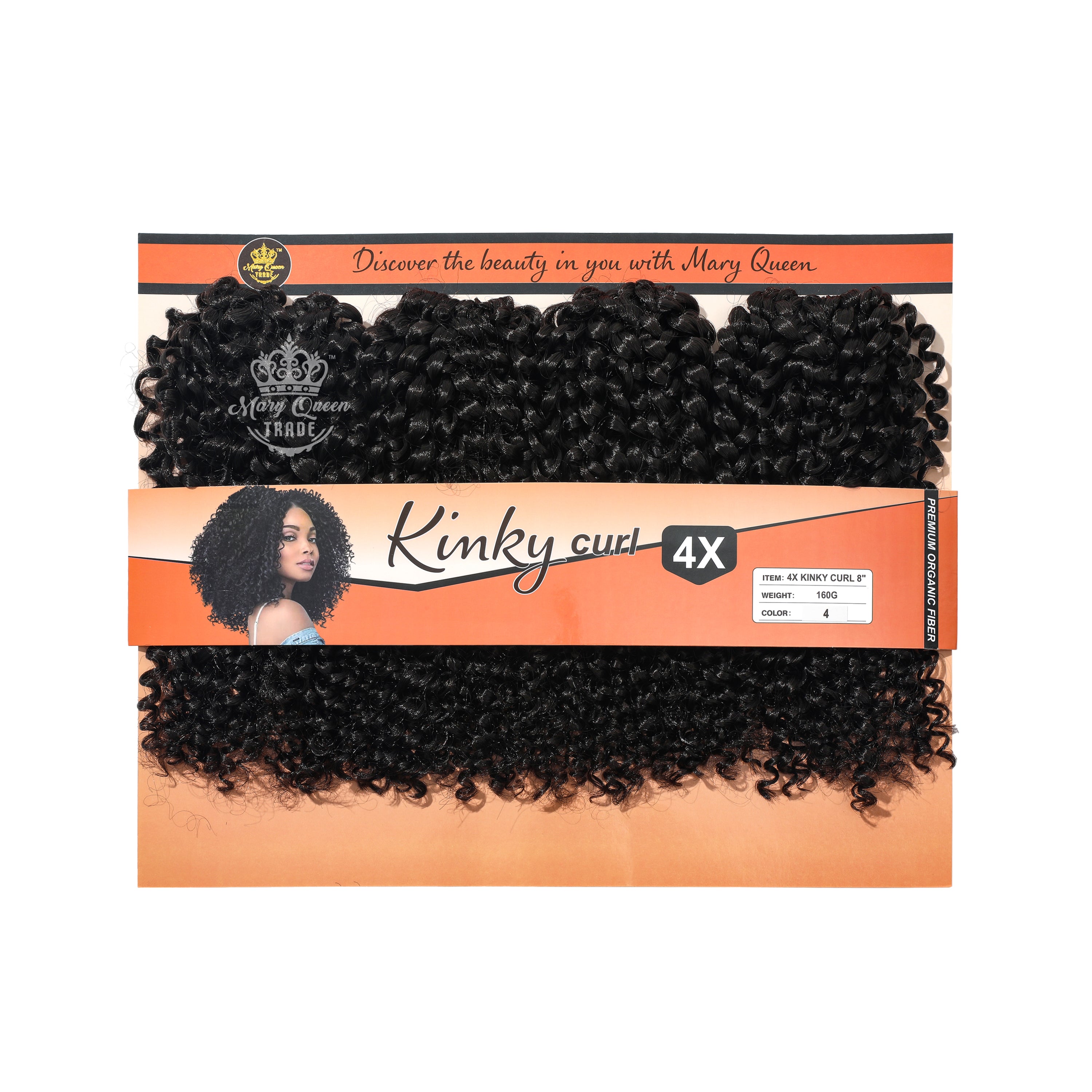 Packaged 8" Kinky curl hair extensions with 'Mary Queen' branding on an orange background