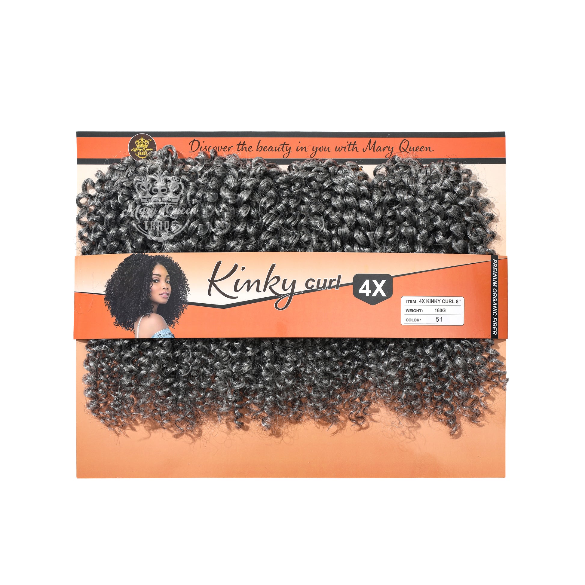 Packaged hair extensions with 'Kinky Curl 4X' branding on an orange background