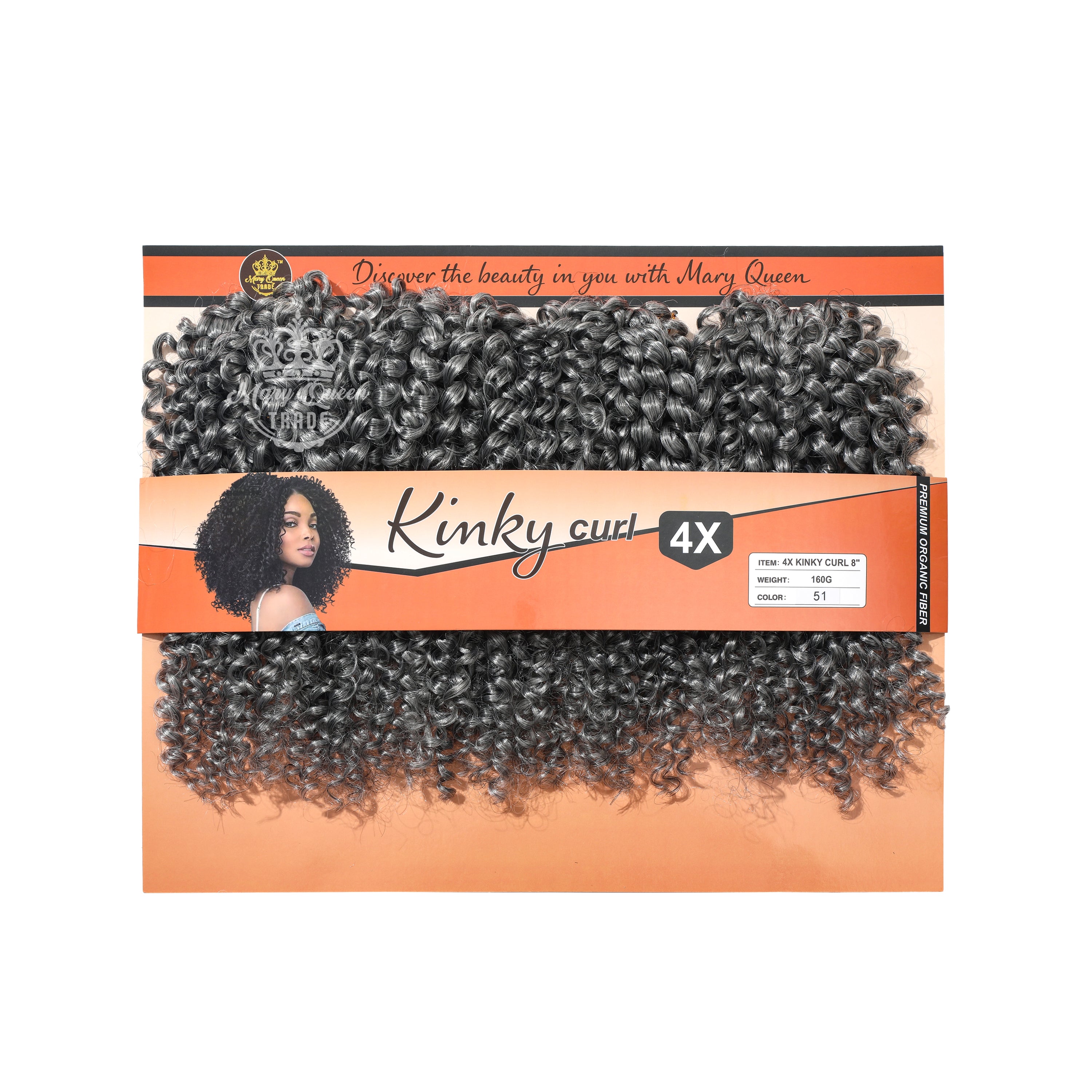 Packaged hair extensions with 'Kinky Curl 4X' branding on an orange background