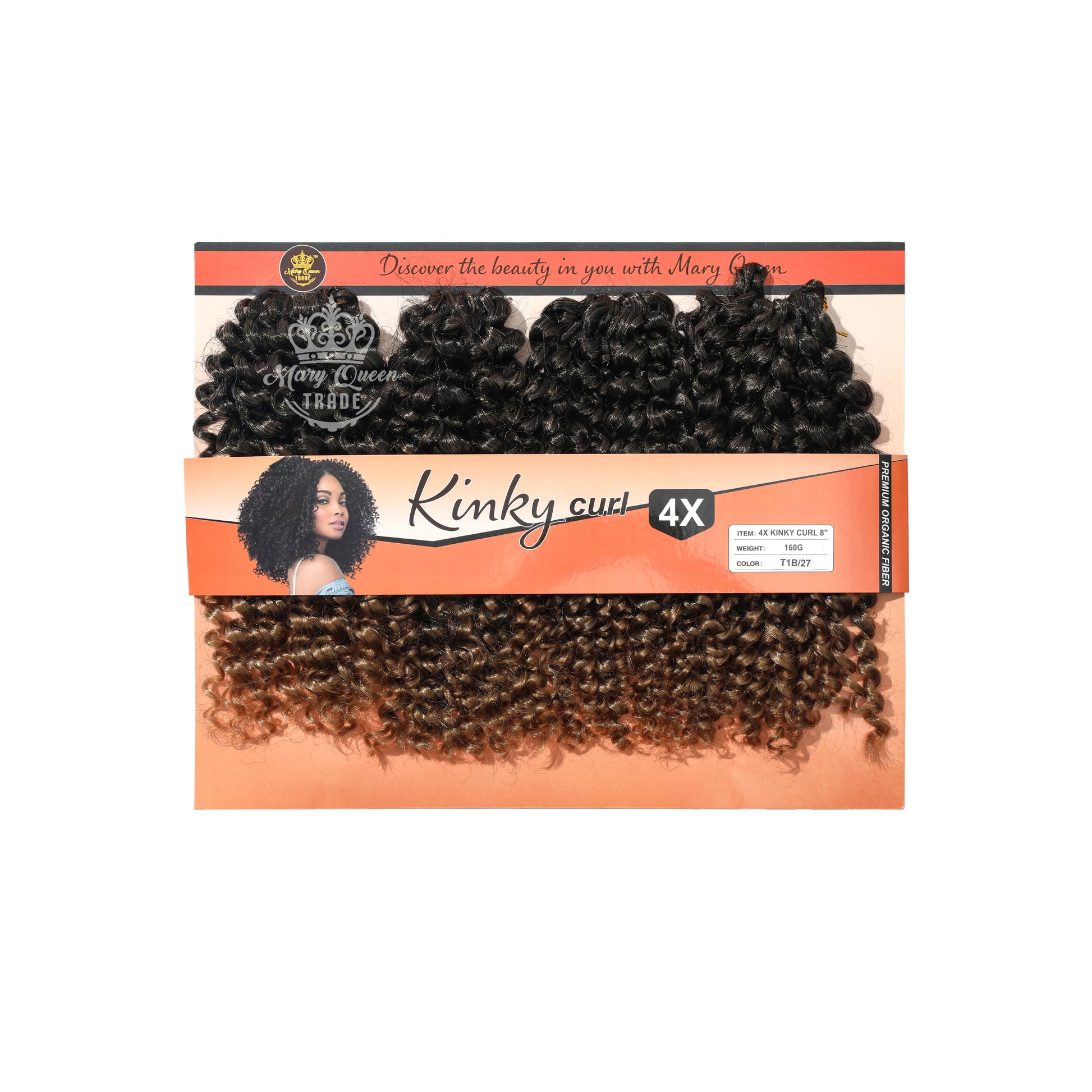 Packaged hair extensions with 'Kinky Curl 4X' branding on an orange background