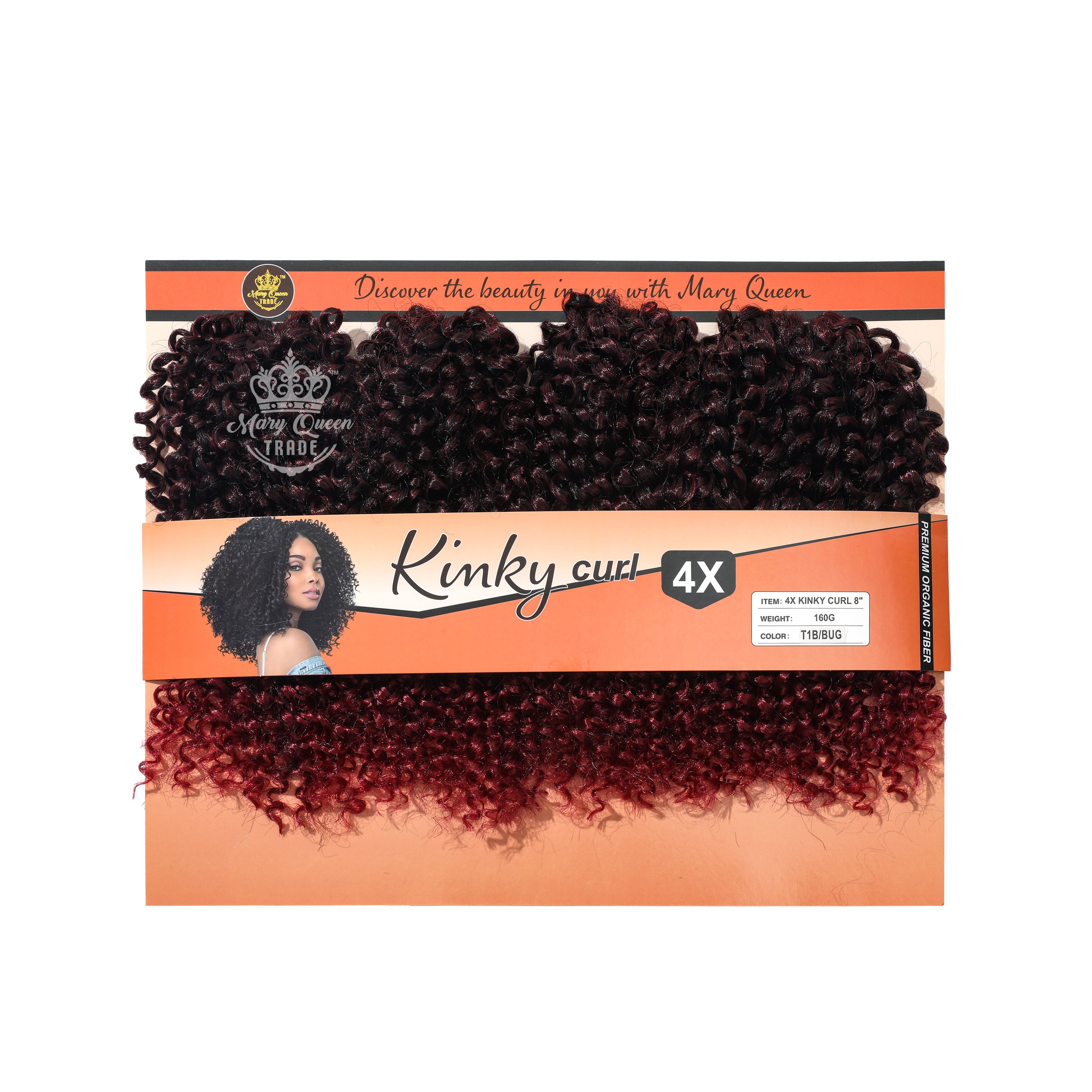 Packaged hair extensions with 'Kinky Curl' branding on an orange background