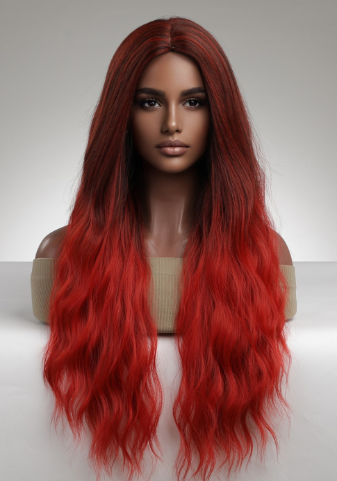 Burgundy Beach Wave With Dark Brown Roots Synthetic Wig LC2043-1
