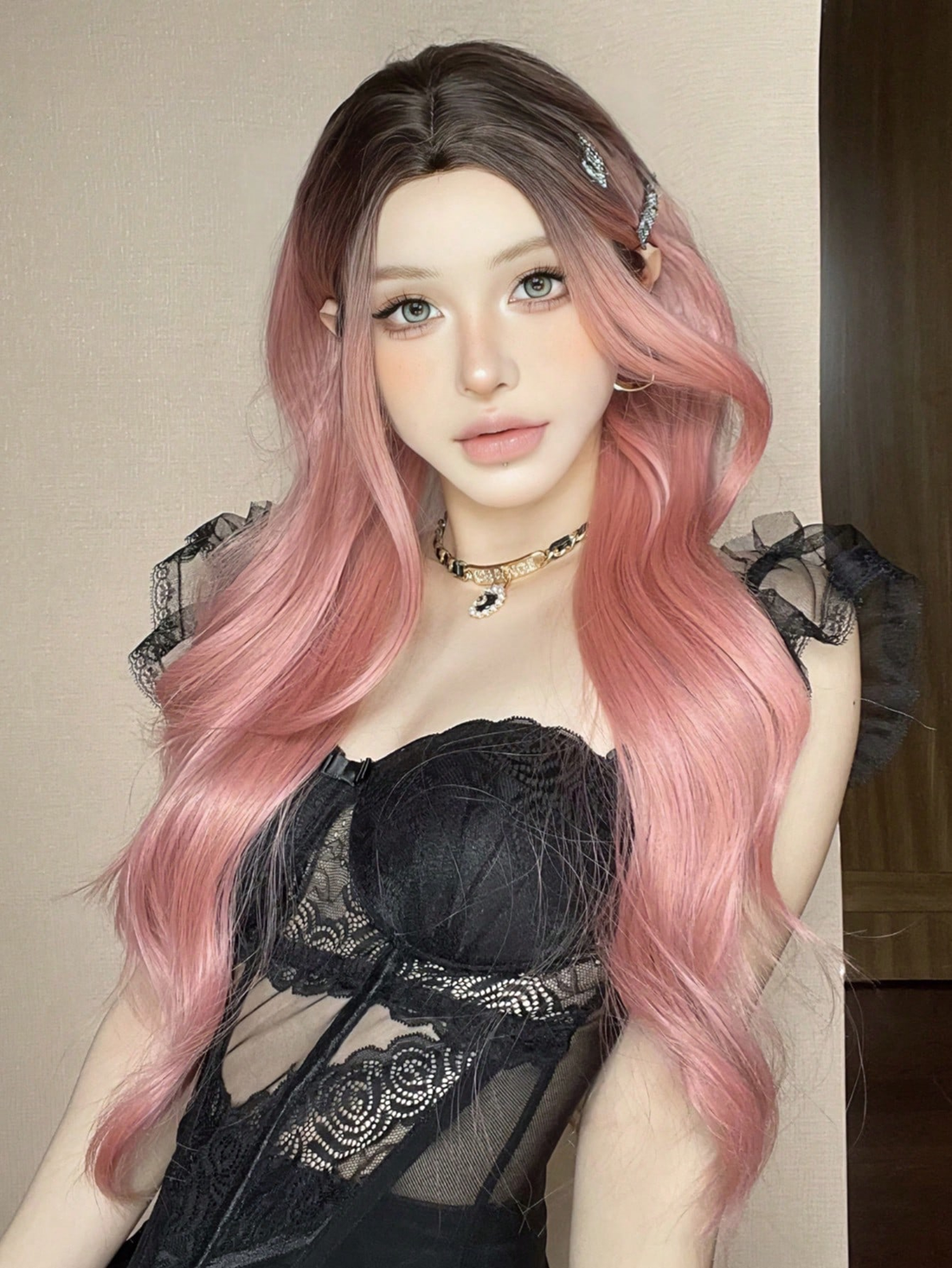 Pastel Pink With Dark Brown Roots Bodywave Wig